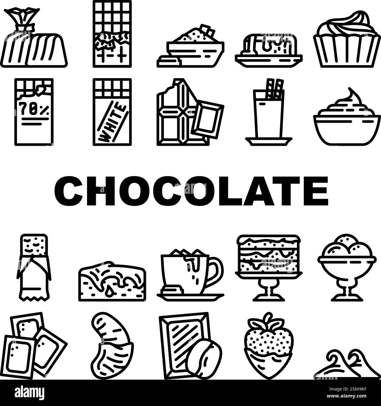 Schokolade Süßes Essen Und Trinken Icons Set Vektor. Bar Mit Weißer Und Dunkler Schokolade Und Köstlichem Kakaodessert Mit Süßigkeiten, Erdbeeren Und Bananen. Abbildungen Von Kaffee Und Milchgetränk In Schwarzer Kontur. Schokolade Süßes Essen Und Trinken Icons Set Vektor Stock Vektor