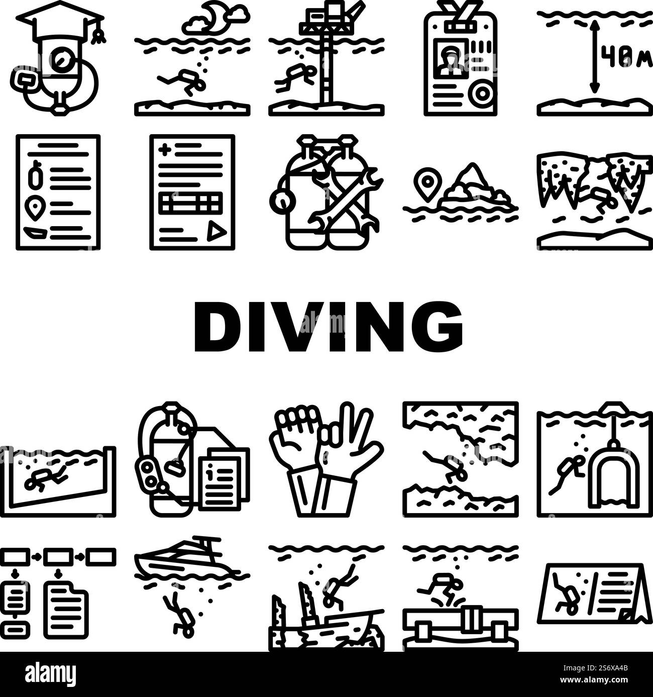 Tauchschule Bildung Lektion Symbole Set Vektor. Tauchschule Kurs Und Studium, Unterwasser Gebärdensprache Und Professionelle Ausrüstung Tauchlehrer Und Zertifikat Schwarze Kontur Illustrationen. Tauchschule Bildung Lektion Symbole Set Vektor Stock Vektor