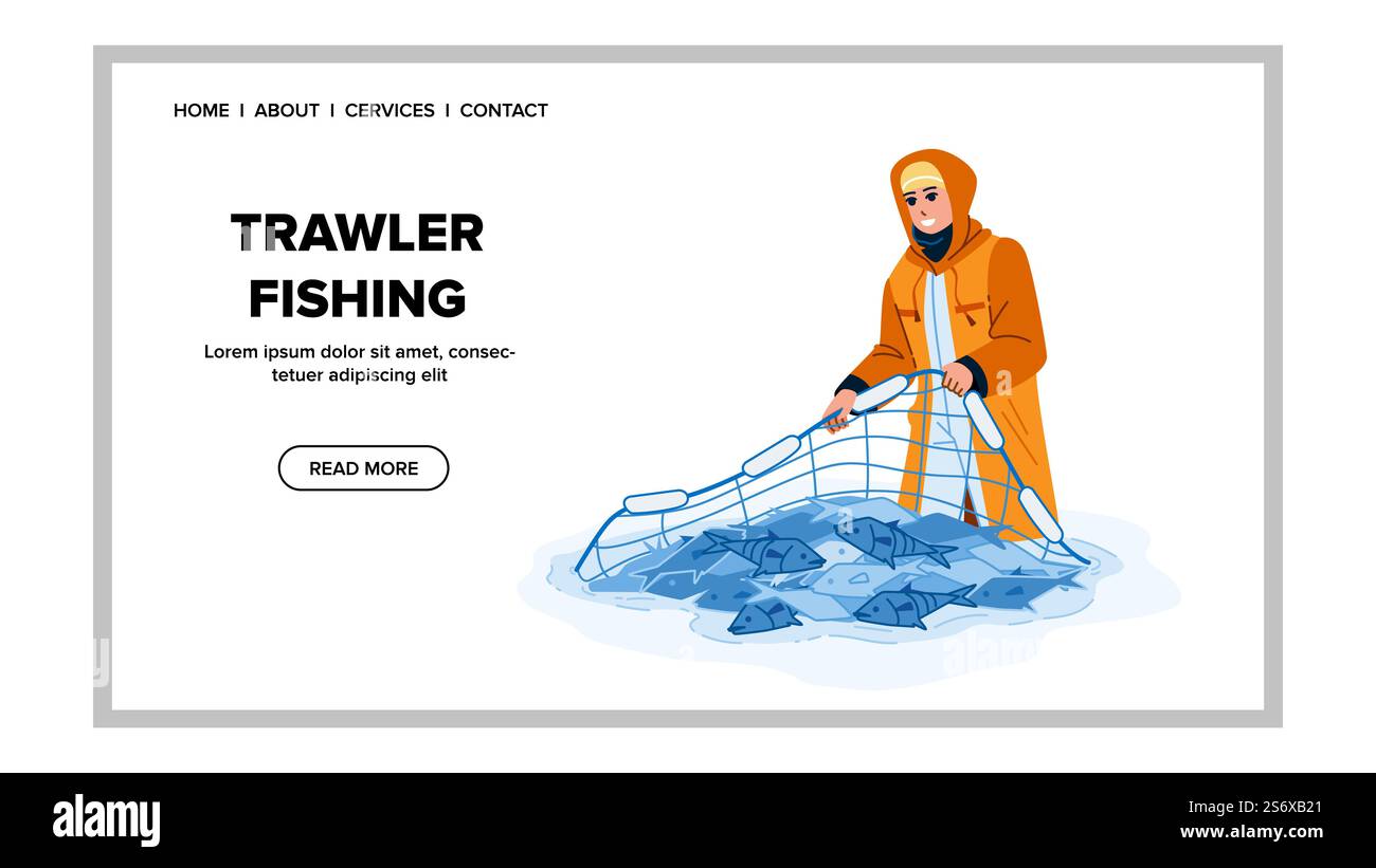 Trawlerfischerei-Vektor. Boot Seefisch, Ozeanschiff, kommerzielle Fischer Trawler Fischerei Charakter. Leute flache Zeichentrickgrafik Illustration. Trawlerfischerei-Vektor Stock Vektor