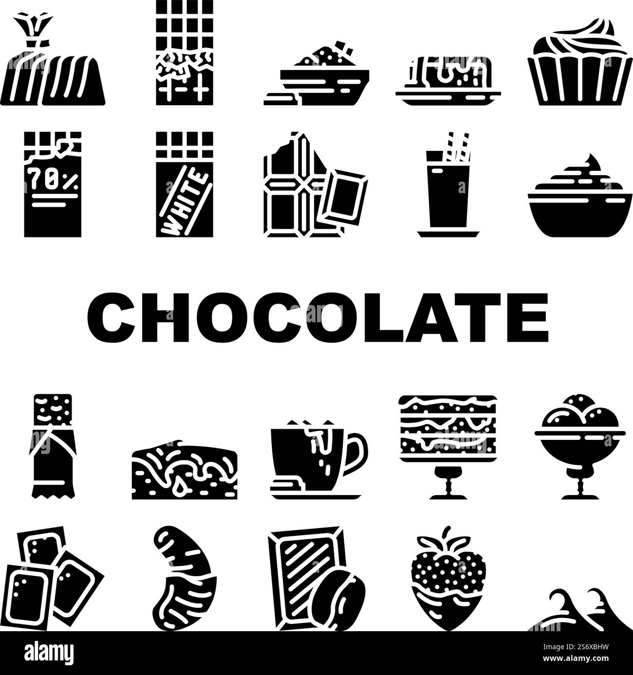 Schokolade Süßes Essen Und Trinken Icons Set Vektor. Bar Mit Weißer Und Dunkler Schokolade Und Köstlichem Kakaodessert Mit Süßigkeiten, Erdbeeren Und Bananen. Kaffee Und Milchgetränk Glyphen Piktogramme Schwarze Illustration. Schokolade Süßes Essen Und Trinken Icons Set Vektor Stock Vektor