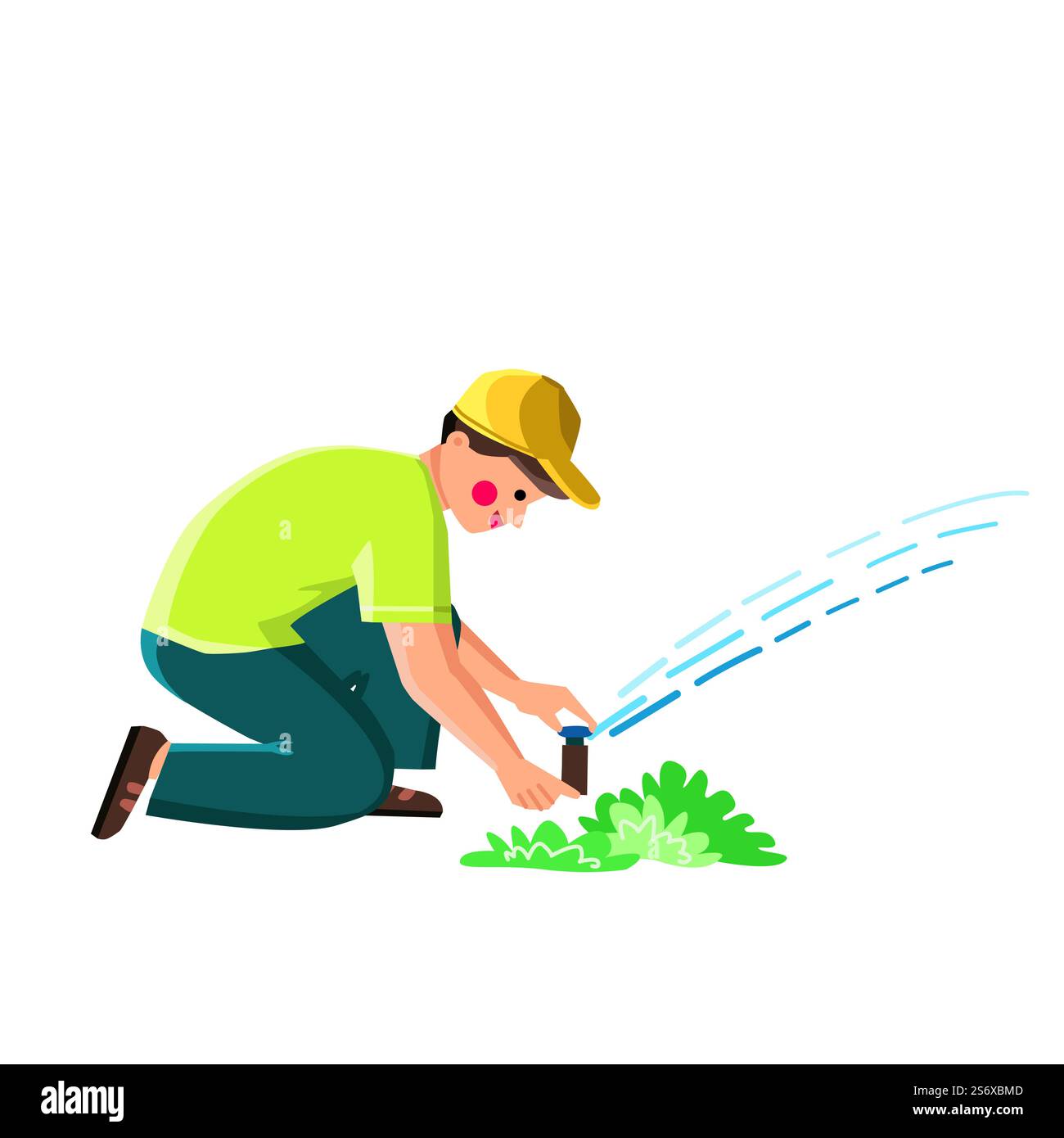 Rasenbewässerungssystem Fixierung Mann Gärtner Vektor. Boy Professional Garden Bewässerungstechniker, Der Das Bewässerungssystem Im Garten Überprüft Und Repariert. Zeichentrickzeichnung Für Die Figur. Rasenbewässerungssystem Fixierung Mann Gärtner Vektor Stock Vektor