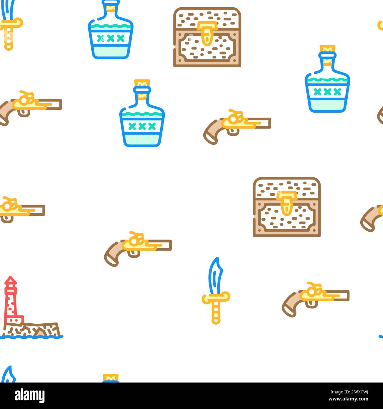 Pirate Sea Räuber Vektor Nahtlose Muster Farbe Linie Illustration. Seeräuber Seeräuber Vektor Nahtloses Muster Stock Vektor