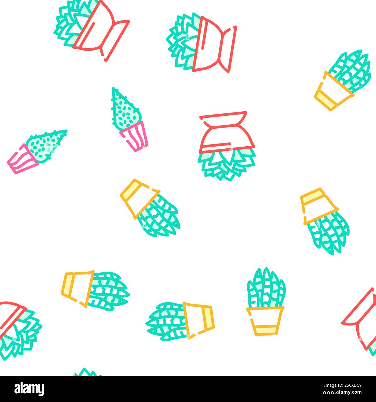 Topf Pflanze Und Pflege Zubehör Vektor Nahtlose Muster Farblinie Illustration. Potted Plant And Care Zubehör Symbole Set Vector Stock Vektor