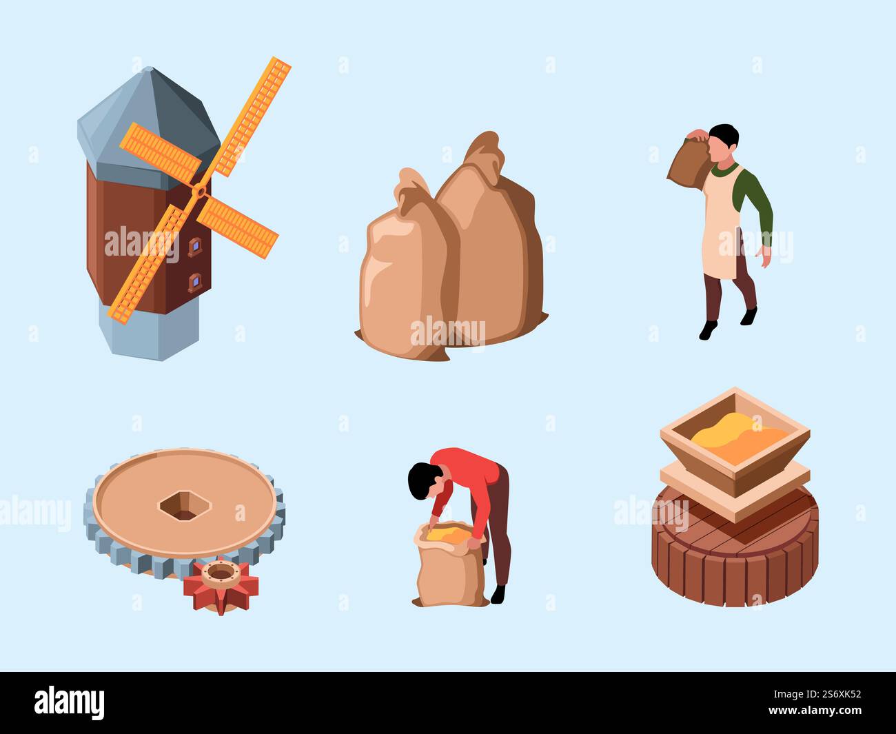 Mühle. Ländliche landwirtschaftliche Prozesse Mehl Produktion Windmühle Baugeschichte Farm Fluss Energie Skalierung Körner grell Vektor isometrische Set. Illustration des ländlichen Landwirtschaftsbetriebs. Mühle. Ländliche landwirtschaftliche Prozesse Mehl Produktion Windmühle Baugeschichte Farm Fluss Energie Skalierung Körner grell Vektor isometrische Set Stock Vektor