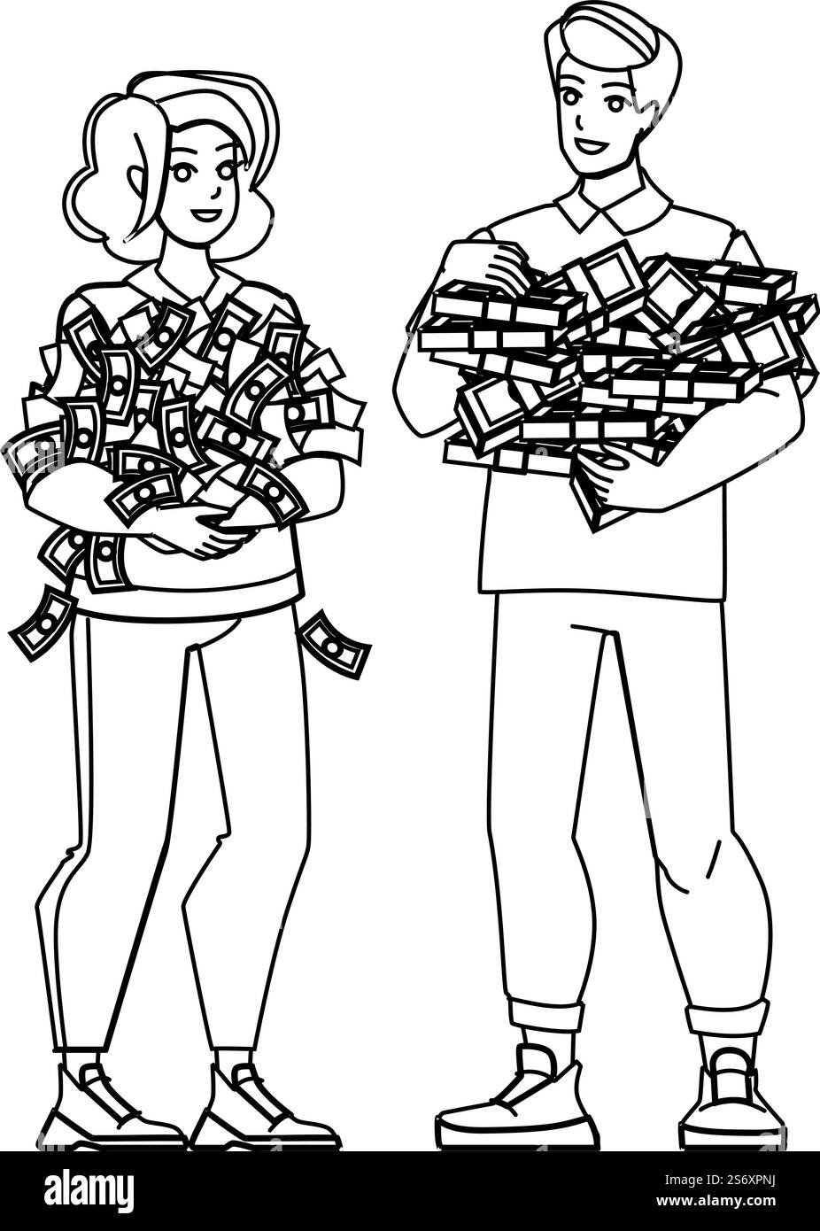 Vektor für Umsatzstabilität. Geldeinkommen, Finanzmänner, Frauen steigen, Bankwachstum, Einnahmestabilisierung. Leute schwarze Linie Bleistift Zeichnung Vektor Illustration. Vektor für Umsatzstabilität Stock Vektor