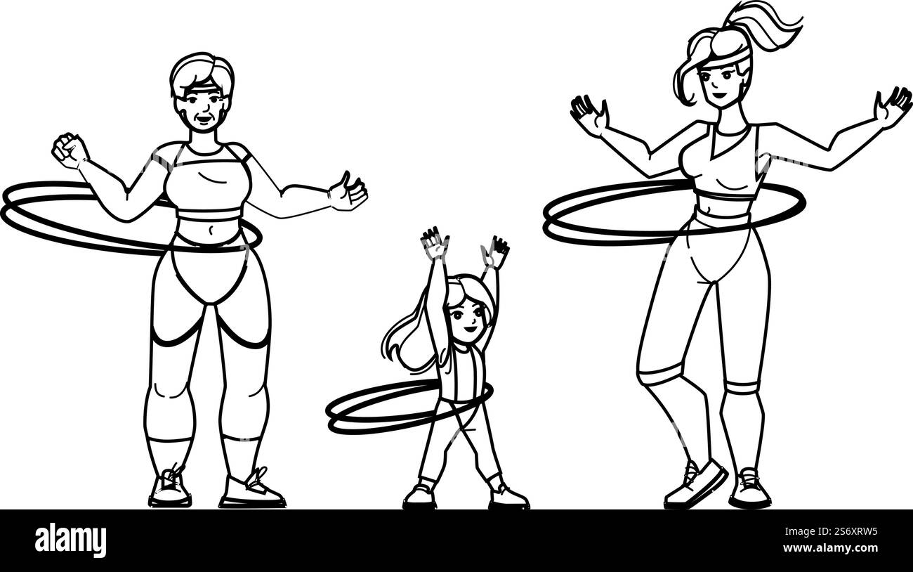 Hoop-Vektor. Hula Ring Frau Mädchen, Sport Familie, Park Fitness Hoop Charakter. Leute schwarze Linie Bleistift Zeichnung Vektor Illustration. Hoop-Vektor Stock Vektor