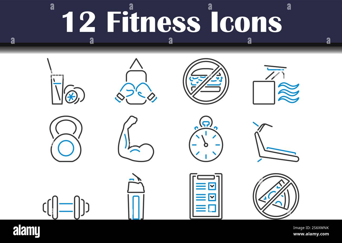 Fitness-Symbol-Set. Editierbare Fett Formatigte Kontur Mit Farbfüllungsdesign. Vektorgrafik. Stock Vektor