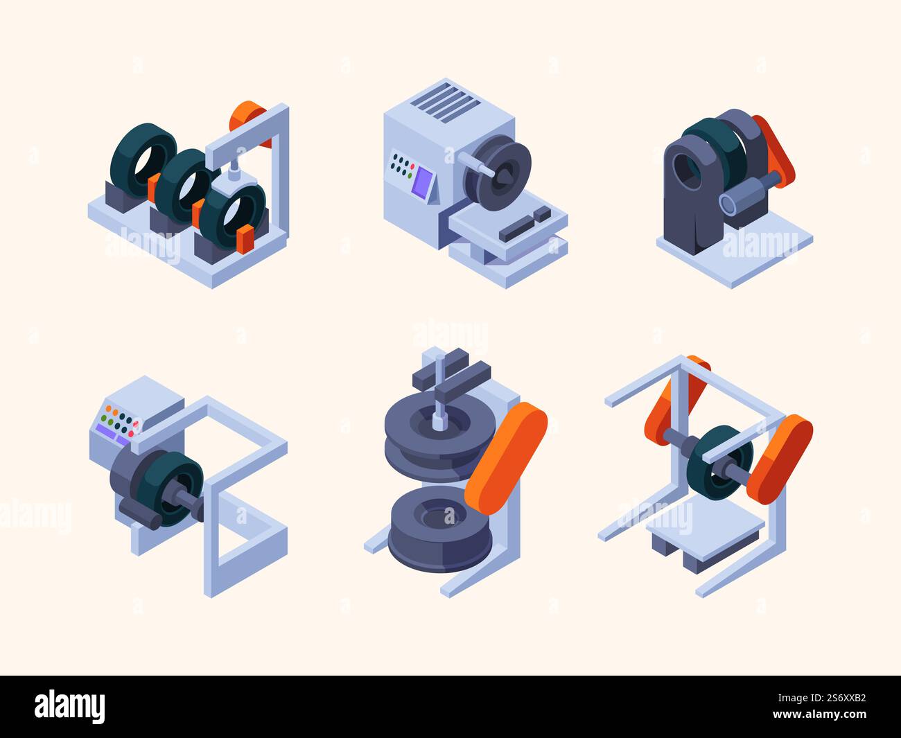 Reifenproduktion. Die Produktion von Kfz-Getriebesystemen führt Industrietechnologie-Dienstleistungen für die Herstellung von Reifen Vektorisometrischen Abbildungen durch. Kraftfahrzeugmaschinen, Reifen für die Automobilherstellung. Reifenproduktion. Die Produktion von Kraftfahrzeuggetriebemaschinen führt Industrietechnologieservices durch, um Reifen zu isolieren vektorisometrischen Abbildungen zu machen Stock Vektor