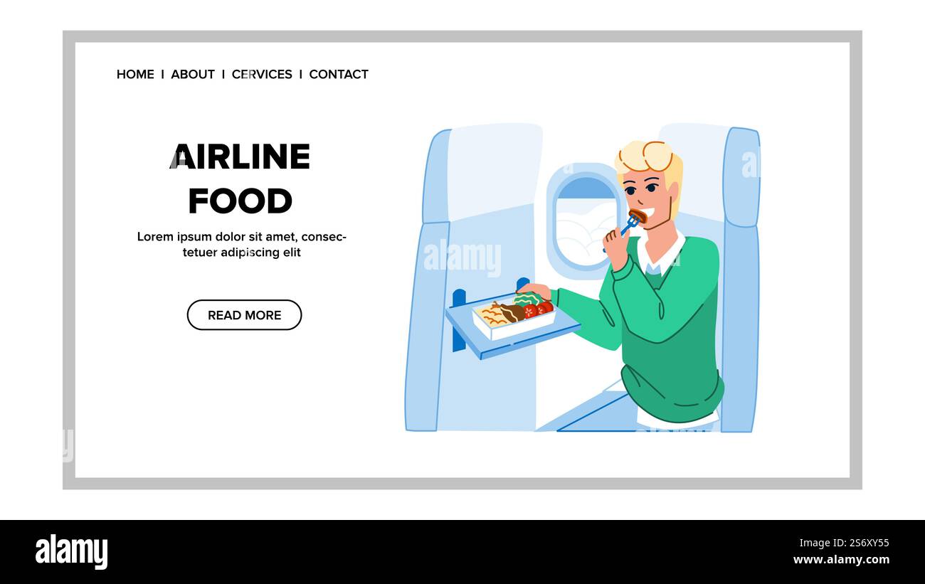 Nahrungsvektor im Flugzeug. Airline Mahlzeit, Flugreise, Flugzeugtablett essen Flugzeugnahrungsnetz flache Karikaturillustration. Nahrungsvektor im Flugzeug Stock Vektor