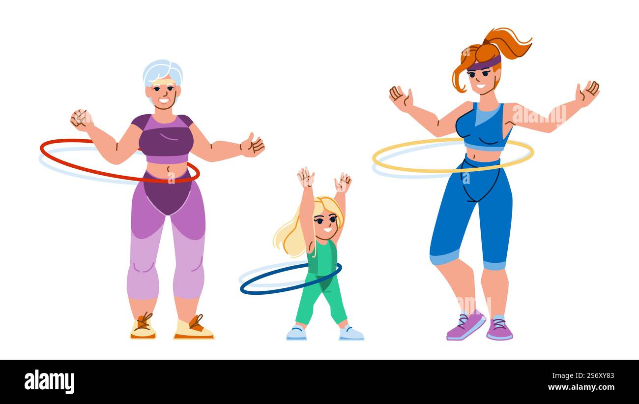 Hoop-Vektor. Hula Ring Frau Mädchen, Sport Familie, Park Fitness Hoop Charakter. Leute flache Zeichentrickgrafik Illustration. Hoop-Vektor Stock Vektor