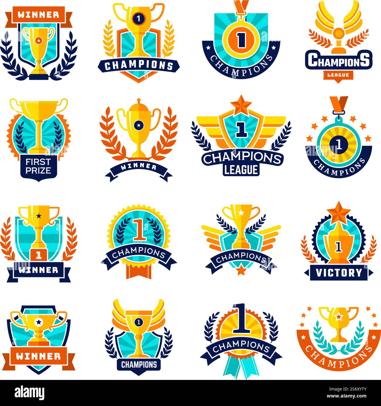 Trophäenemblem. College Sport Team Preise Champion Logo Event Cups farbige neue Vektor Vorlagen isoliert. Illustration des Emblems oder Symbols des Champion Sports. Trophäenemblem. College Sport Team Preise Champion Logo Event Cups farbige neue Vektor Vorlagen isoliert Stock Vektor