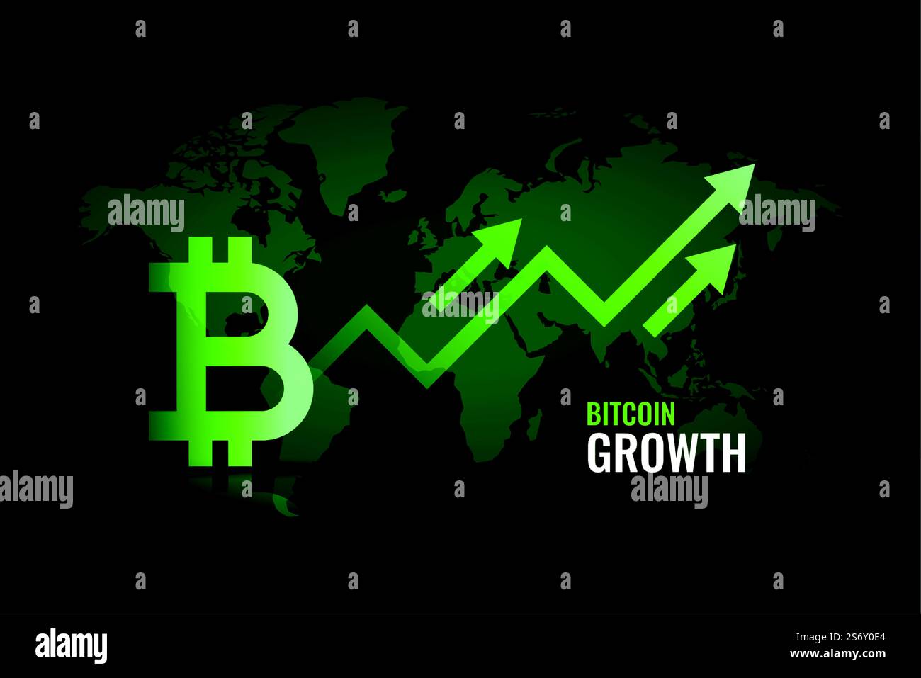 bitcoin-Wachstumspfeil mit globaler Weltkarte Stock Vektor bitcoin-Wachstumspfeil mit globaler Weltkarte Stock Vektor