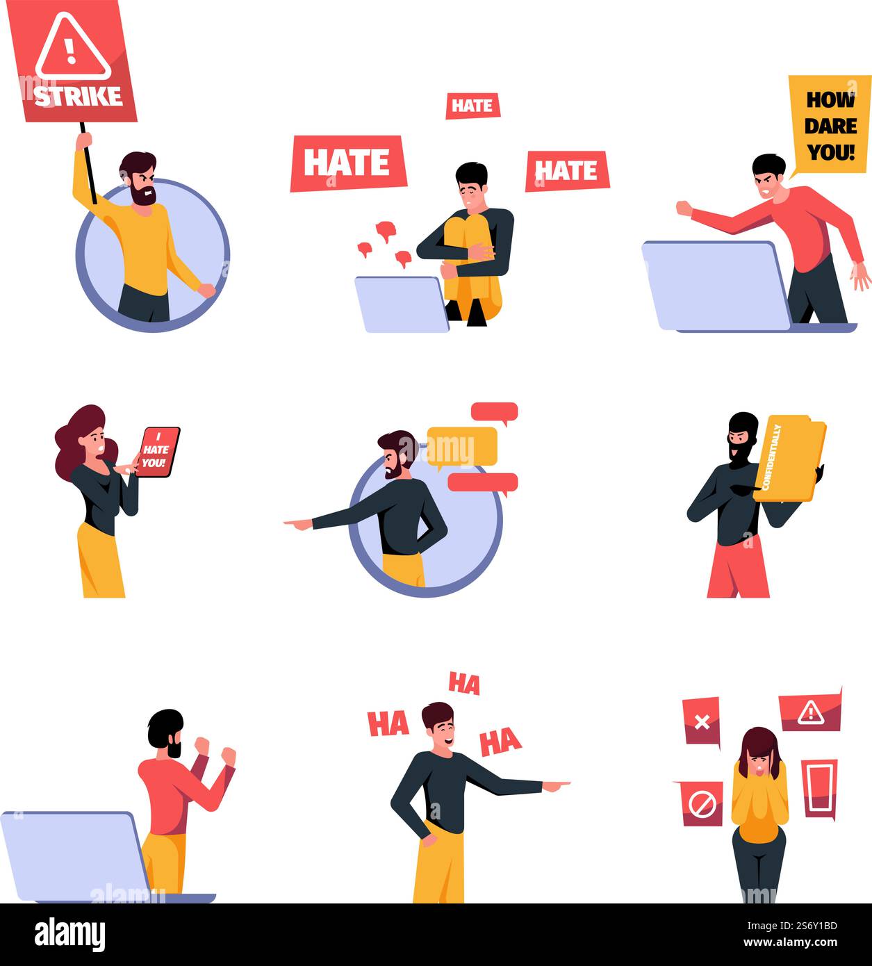 Soziales Mobbing. Cyber Brut Kultur Probleme Mobbing Teenager Scham Guy Boykotts Metaphern Bilder Frau Belästigung Aggresive Unterhaltung grell Vektor Illustrationen gesetzt. Soziales Problem Cybermobbing. Soziales Mobbing. Cyber Brut Kultur Probleme Mobbing Teenager Scham Guy Boykotts Metaphern Bilder Frau Belästigung Aggresive Unterhaltung grell Vektor Illustrationen gesetzt Stock Vektor