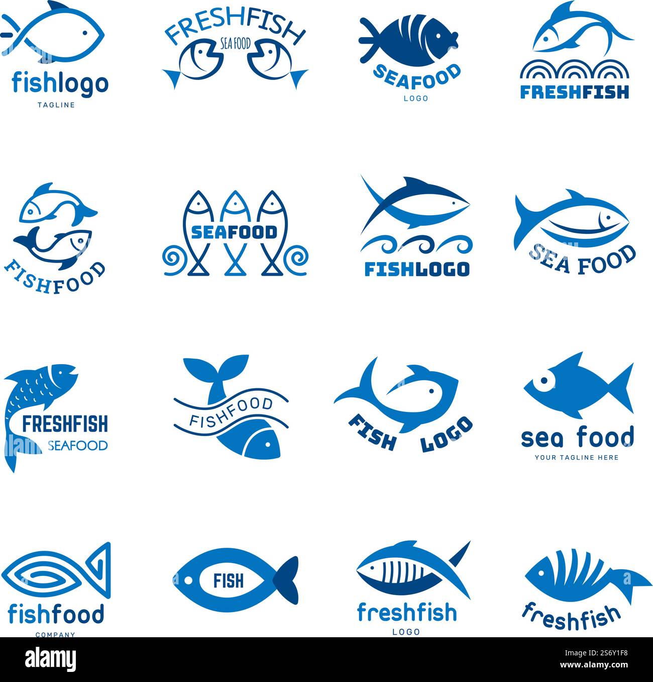 Meeresfrüchte-Logo. Fische farbige Symbole Vorlagen Tiere unter Wasser aktuelle Vektor-Geschäftsidentitätselemente. Illustration des Fischaquatischen Emblems. Meeresfrüchte-Logo. Fische farbige Symbole Vorlagen Tiere unter Wasser aktuelle Vektor-Geschäftsidentitätselemente Stock Vektor