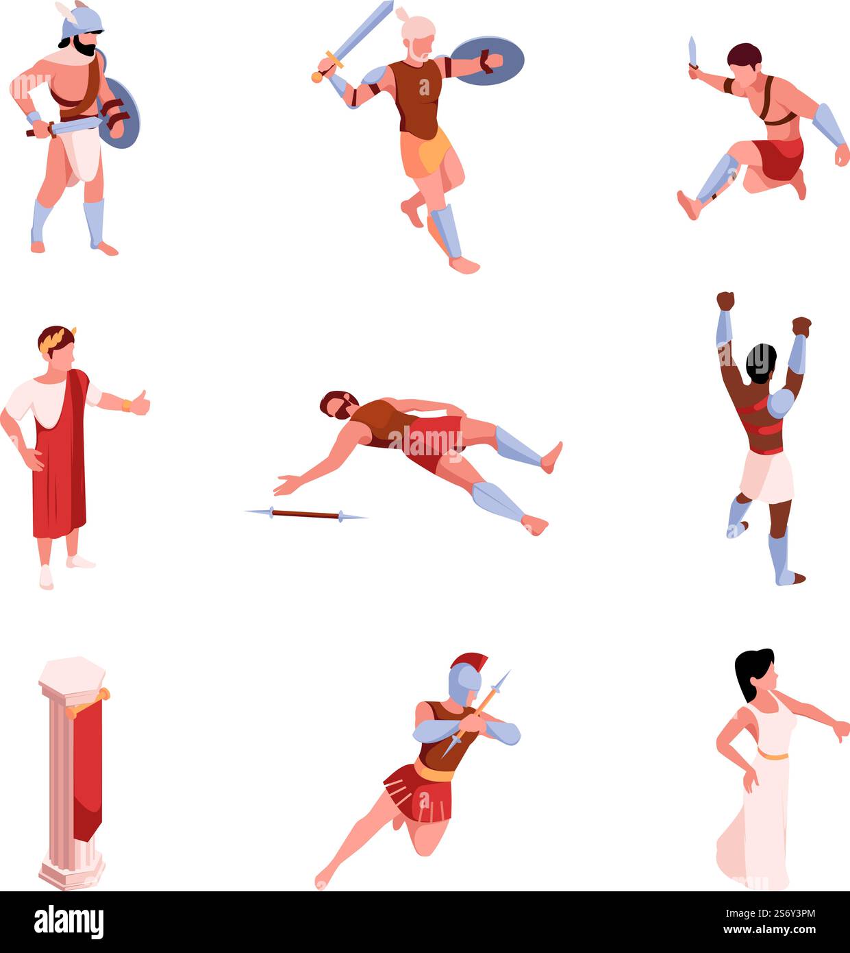 Alte Kämpfer. Rom Gladiatoren Kämpfer Kriegerwaffen historische Person grell Vektor isometrische Illustrationen. Gladiator und Krieger mit Schwert. Alte Kämpfer. Rom Gladiatoren Kämpfer Kriegerwaffen historische Person grell Vektor isometrische Illustrationen Stock Vektor