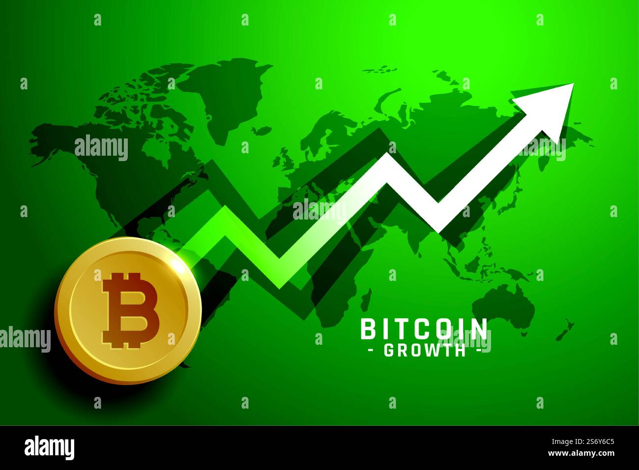 goldene Bitcoin mit Wachstumspfeil auf grünem Hintergrund mit Weltkarte Stock Vektor