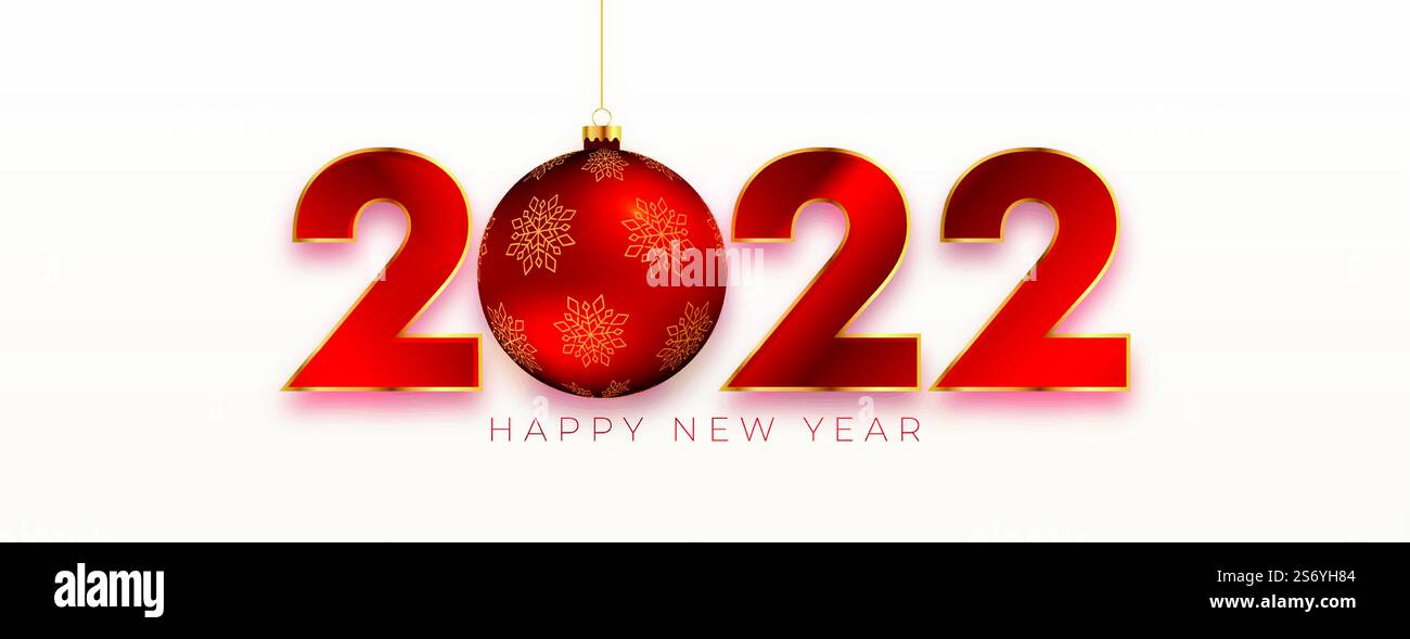 2022 Neujahr glänzendes rotes Textbanner mit weihnachtskugel Stock Vektor
