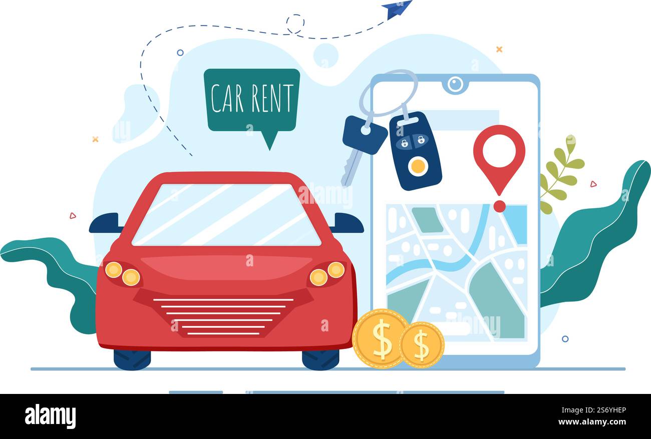 Autovermietung, Reservierung und gemeinsame Nutzung mit Service Mobile Anwendung mit Route oder Punkte Lage in Hand gezeichnet Cartoon flache Illustration Stock Vektor
