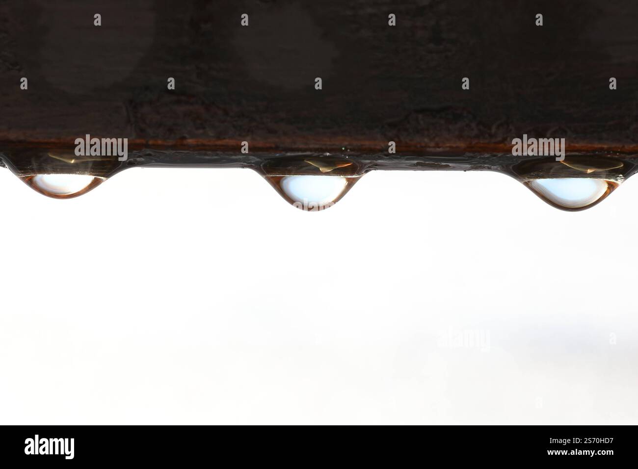 Nach einer eisigen Nacht taut am Morgen der Frost in der Sonne langsam auf. Drei Wassertropfen haengen hängen an einer Sitzbank. Winter im Siegerland am 18.01.2025 in Siegen/Deutschland. *** Nach einer eisigen Nacht taut der Frost langsam in der Sonne morgens drei Wassertropfen hängen auf einer Bank Winter im Siegerland am 18 01 2025 in Siegen Deutschland Stockfoto