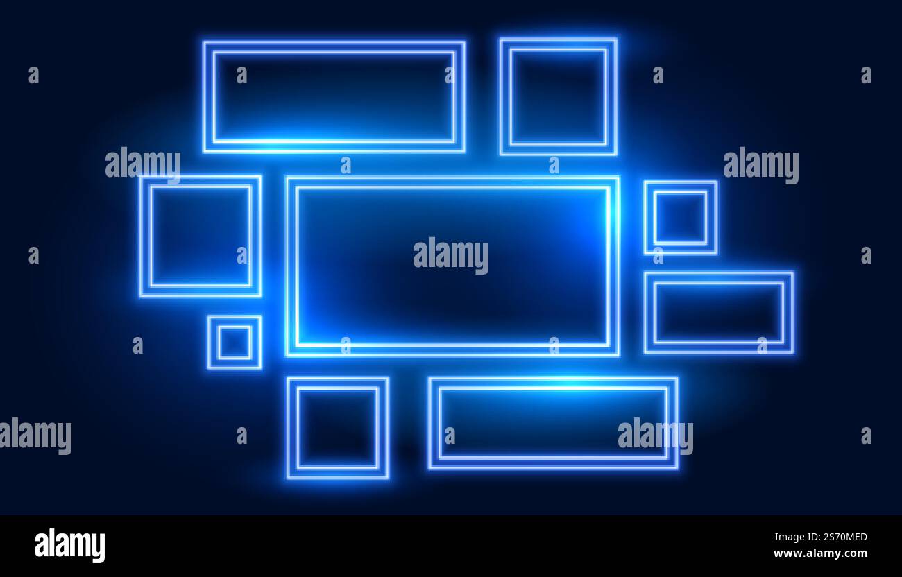 Set aus blauen Neonrahmen in vielen Größen Stock Vektor