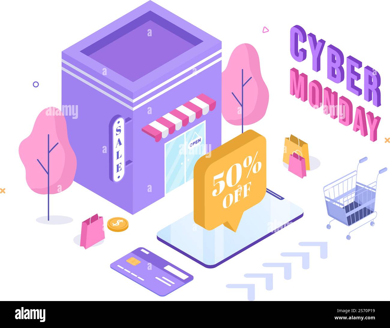Cyber Monday Vorlage Hand gezeichnet Cartoon flache Hintergrund Illustration von Business Online-Shopping mit Big Discount Promo in den Vereinigten Staaten Stock Vektor