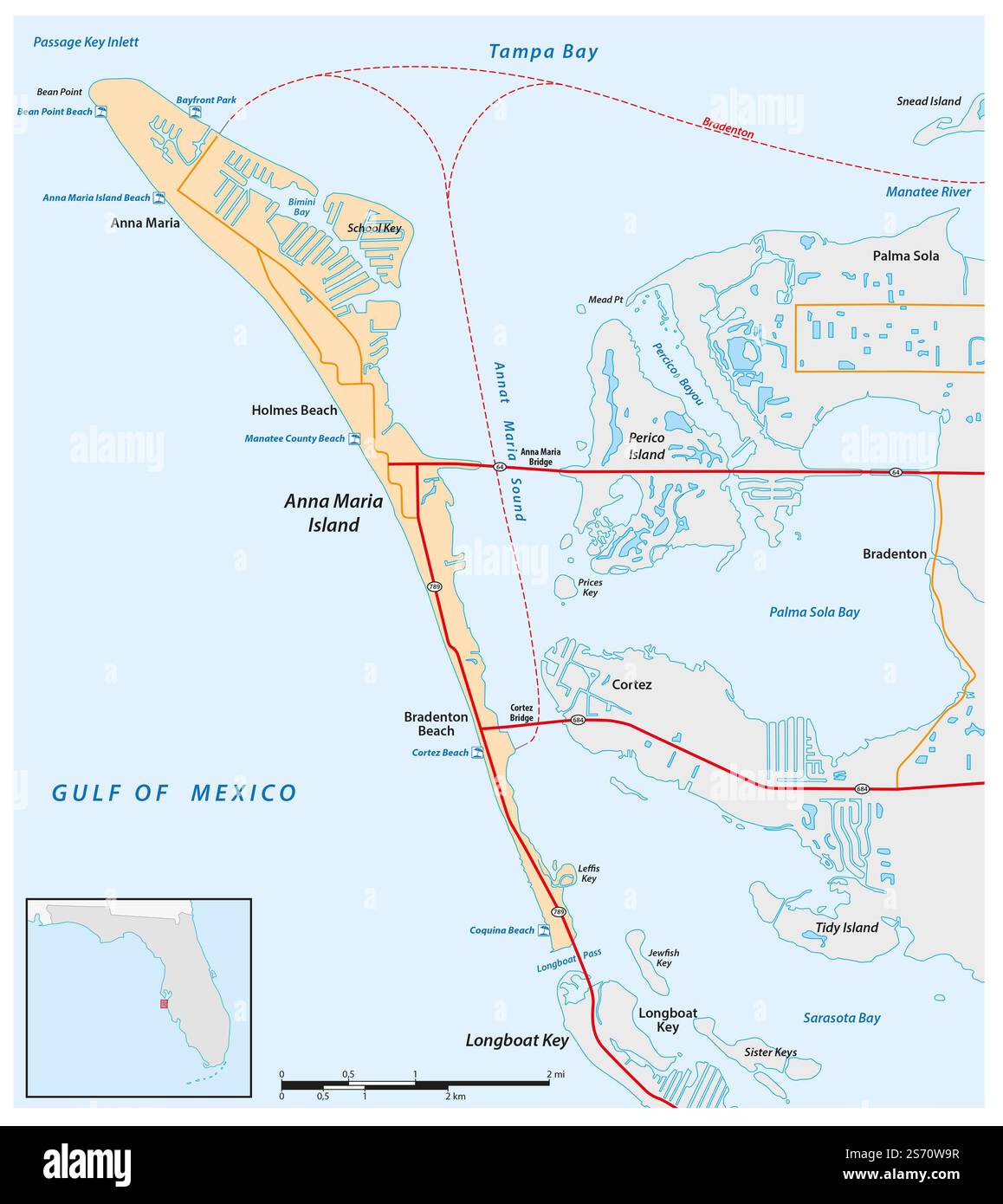 Karte von Anna Maria Island, Florida, USA Stockfoto