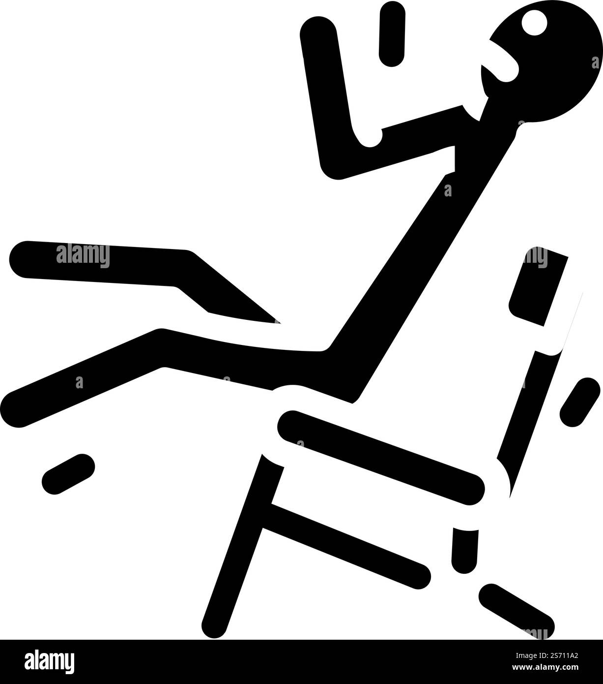 Gebrochener Stuhl Mann Unfall Glyphe Icon Vektor. Ein kaputtes Sessel-Mann-Unfallschild. Isolierte Symboldarstellung. Gebrochener Stuhl Mann Unfall Glyphe Icon Vektor Illustration Stock Vektor