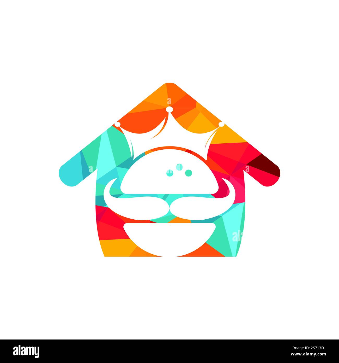 Burger King Vektor-Logo-Design. Burger mit Krone und Schnurrbart Icon-Logo. Stock Vektor