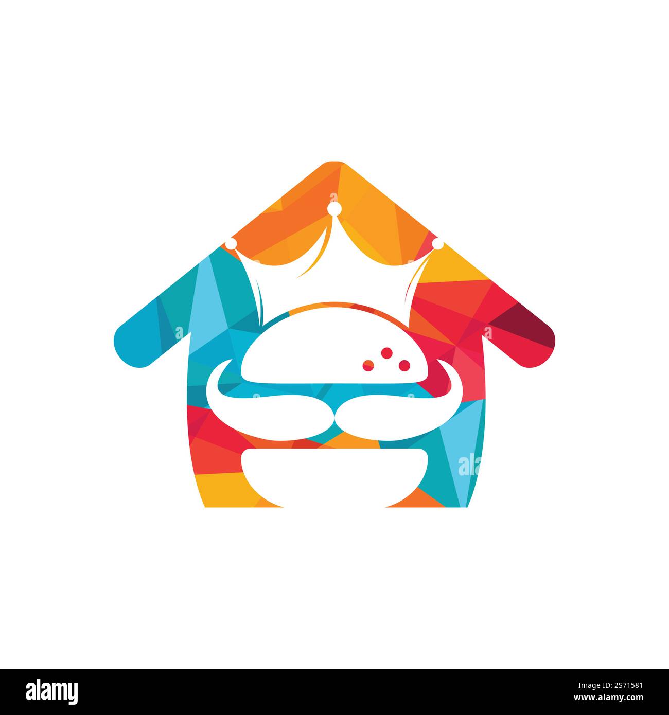 Burger King Vektor-Logo-Design. Burger mit Krone und Schnurrbart mit Logo in Heimform. Stock Vektor