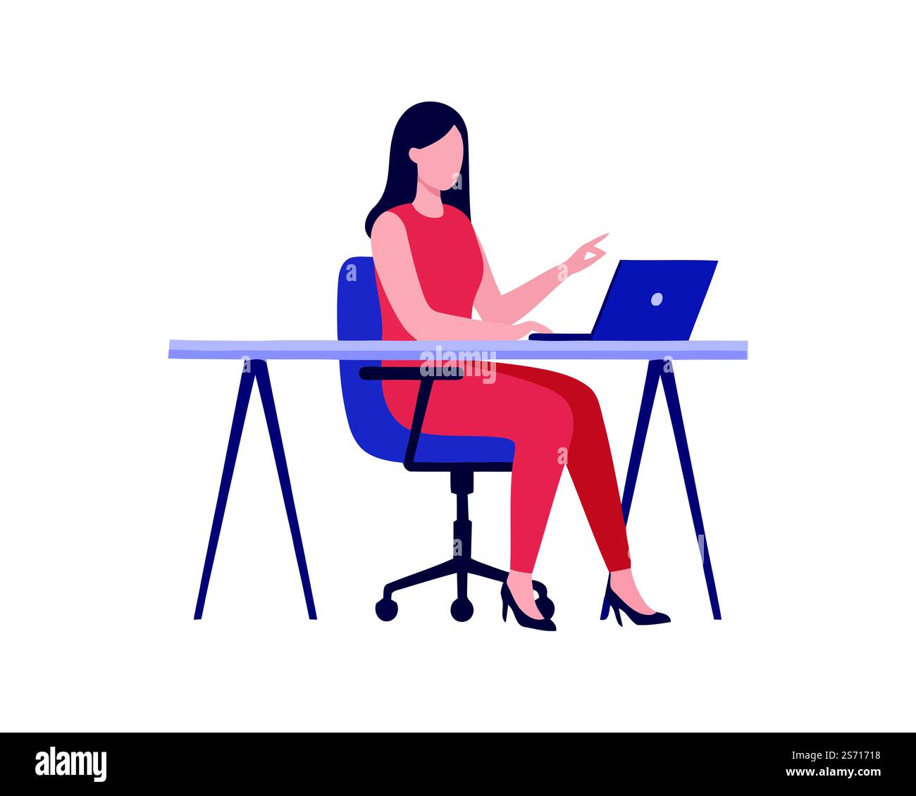 Eine elegante und moderne Vektorillustration einer professionellen Frau, die an einem Schreibtisch sitzt und an einem Laptop arbeitet, sitzt auf einem blauen ergonomischen Büro Stock Vektor