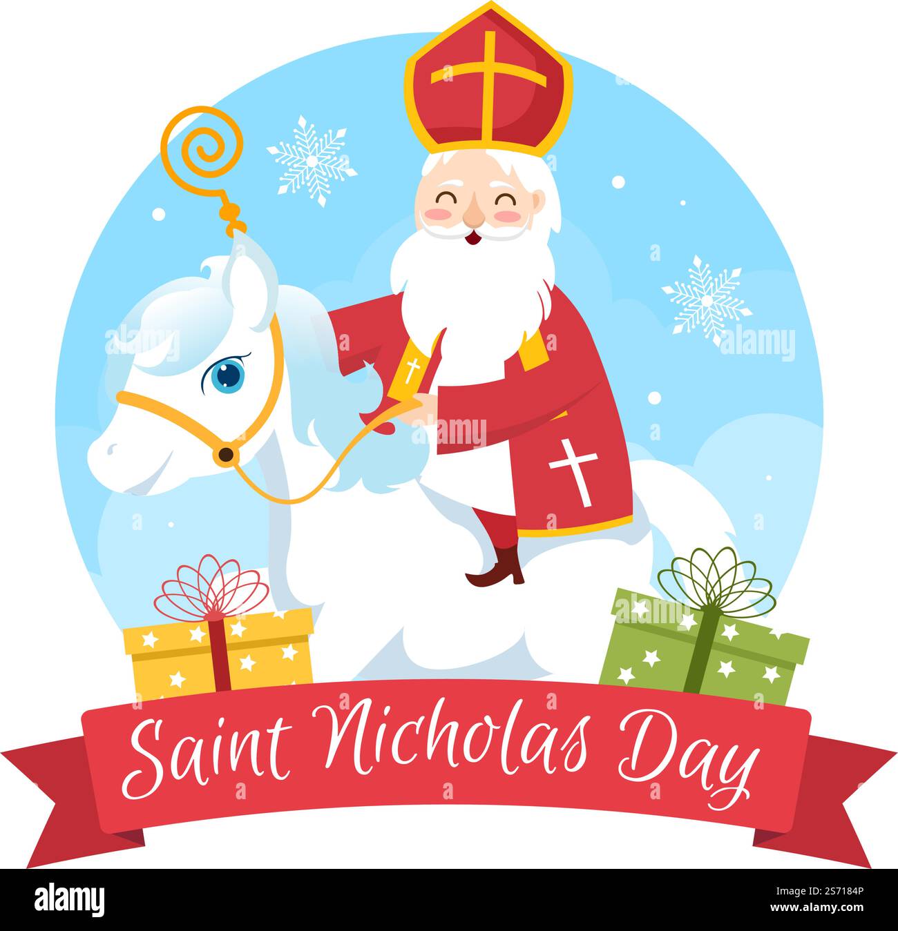 St. Nikolaus Tag oder Sinterklaas-Fest-Vorlage Handgezeichnete Cartoon flache Illustration mit Geschenkbox und Winter-Hintergrunddesign Stock Vektor