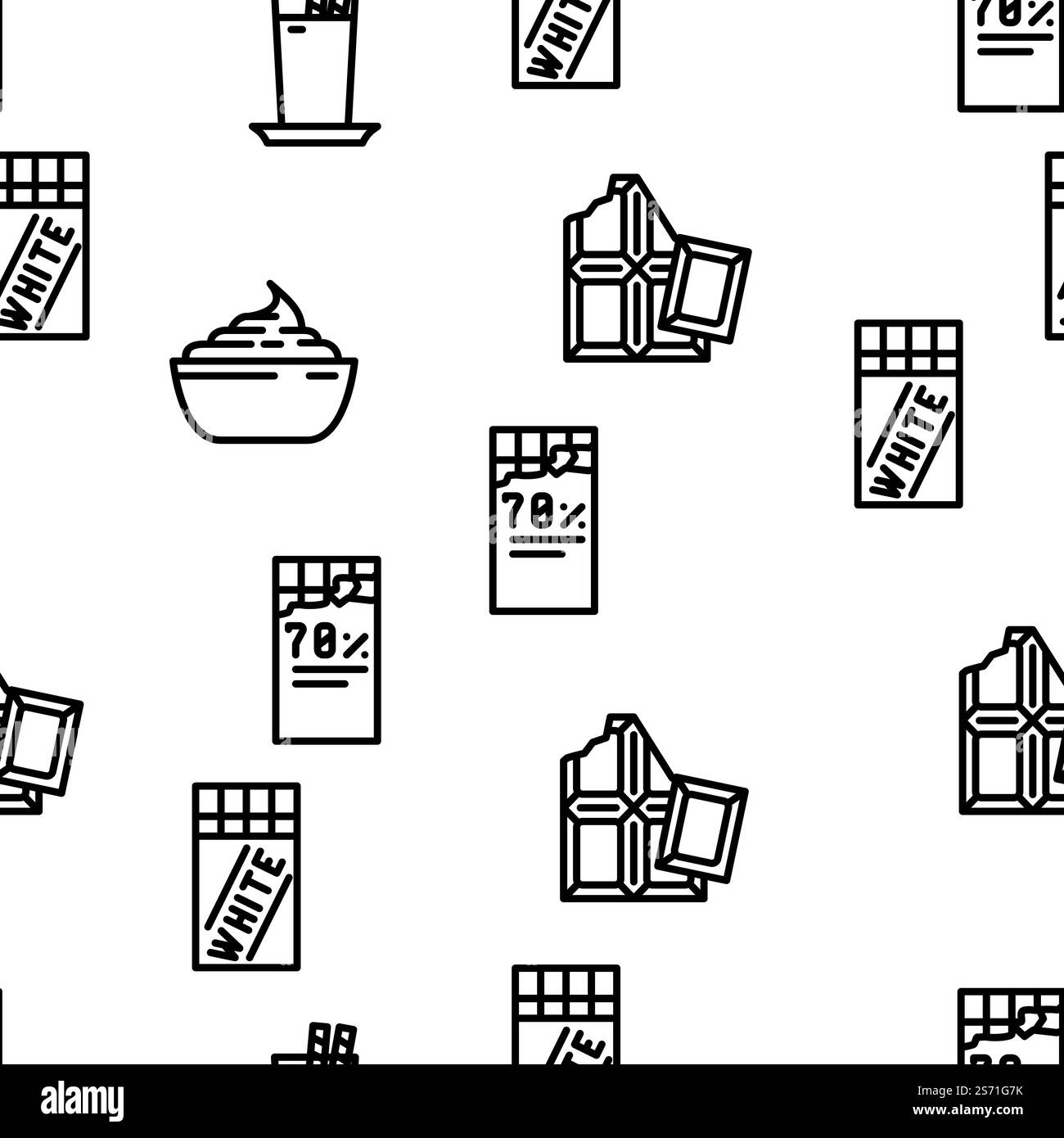 Schokolade Süßes Essen und Trinken Vektor nahtlose Muster dünne Linie Illustration. Schokolade süße Lebensmittel und Getränke Vektor nahtlose Muster Stock Vektor