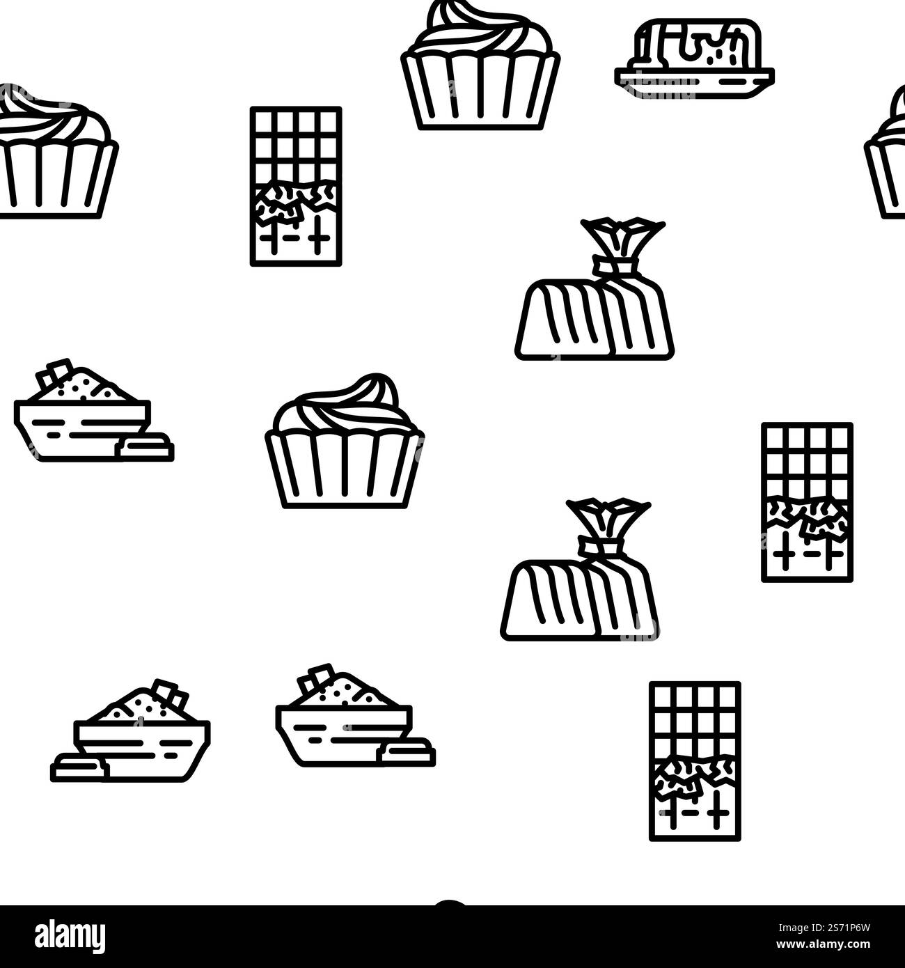 Schokolade Süßes Essen und Trinken Vektor nahtlose Muster dünne Linie Illustration. Schokolade süße Lebensmittel und Getränke Vektor nahtlose Muster Stock Vektor