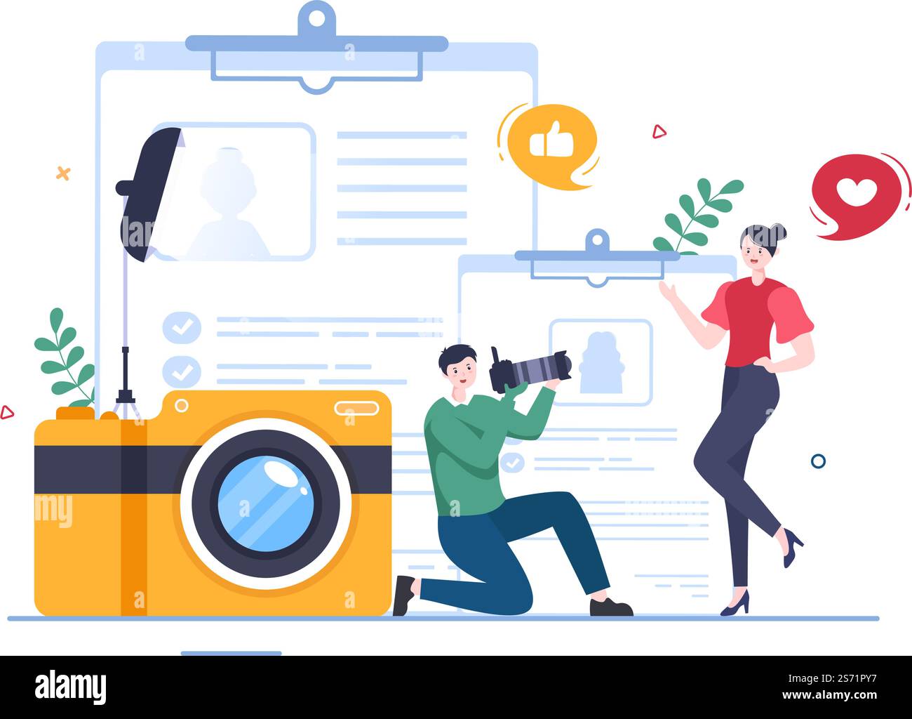 Model Portfolio Template Handgezeichnete Cartoon Flat Illustration mit Manager der Modeling Agency und Fotograf machen Fotos von Model in Platform Design Stock Vektor