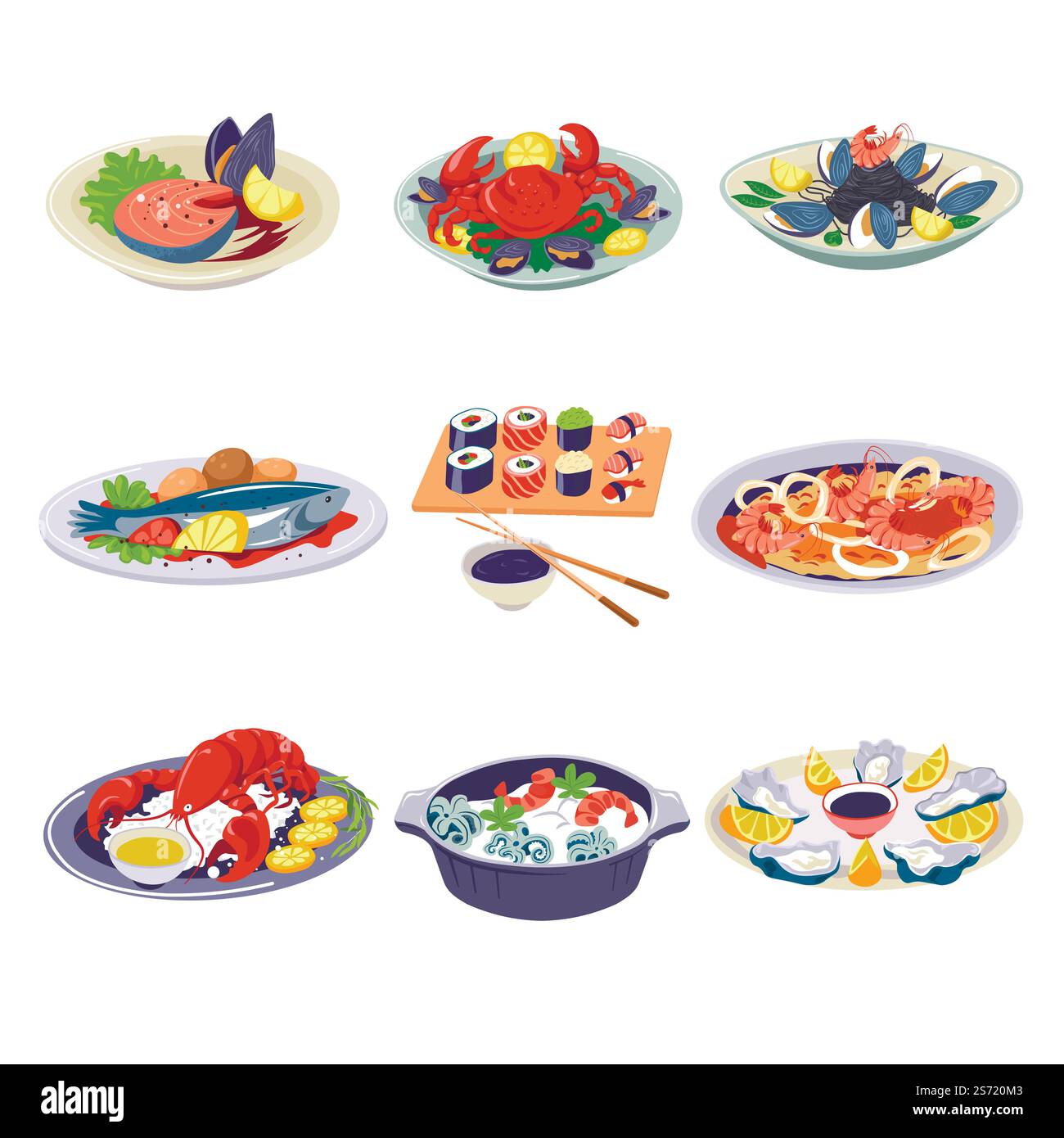 Muscheln und Garnelen, Lachsfilet und Sushi mit Reis und rotem Fisch. Krebse und Krabben oder Hummer mit Dill und Petersilie. Suppe auf Kokosmilch mit Oktopus und Austern mit Sauce. Vektor in abgewickelter Form. Fisch und Meeresfrüchte, Lachs und Garnelen, Muscheln-Set Stock Vektor