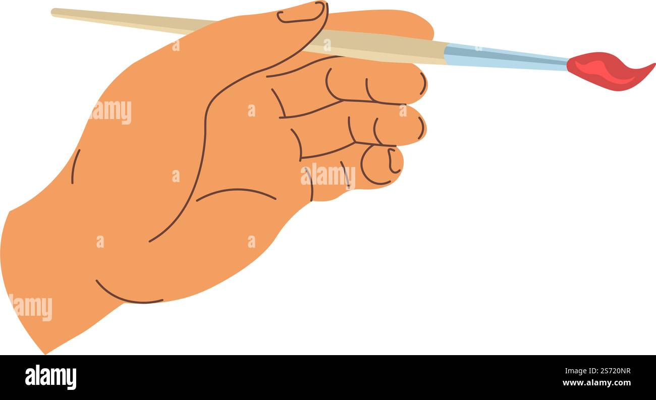 Bildmalerei mit Pigmenten mit Pinsel mit weichen Borsten und Holzgriff. Isolierte Hand eines Meisters oder Schülers, Kunstschulprojekte oder -Unterricht, Kurse für Anfänger. Vektor in abgewickelter Form. Hand hält Pinsel, Künstler Malerei Vektor Stock Vektor