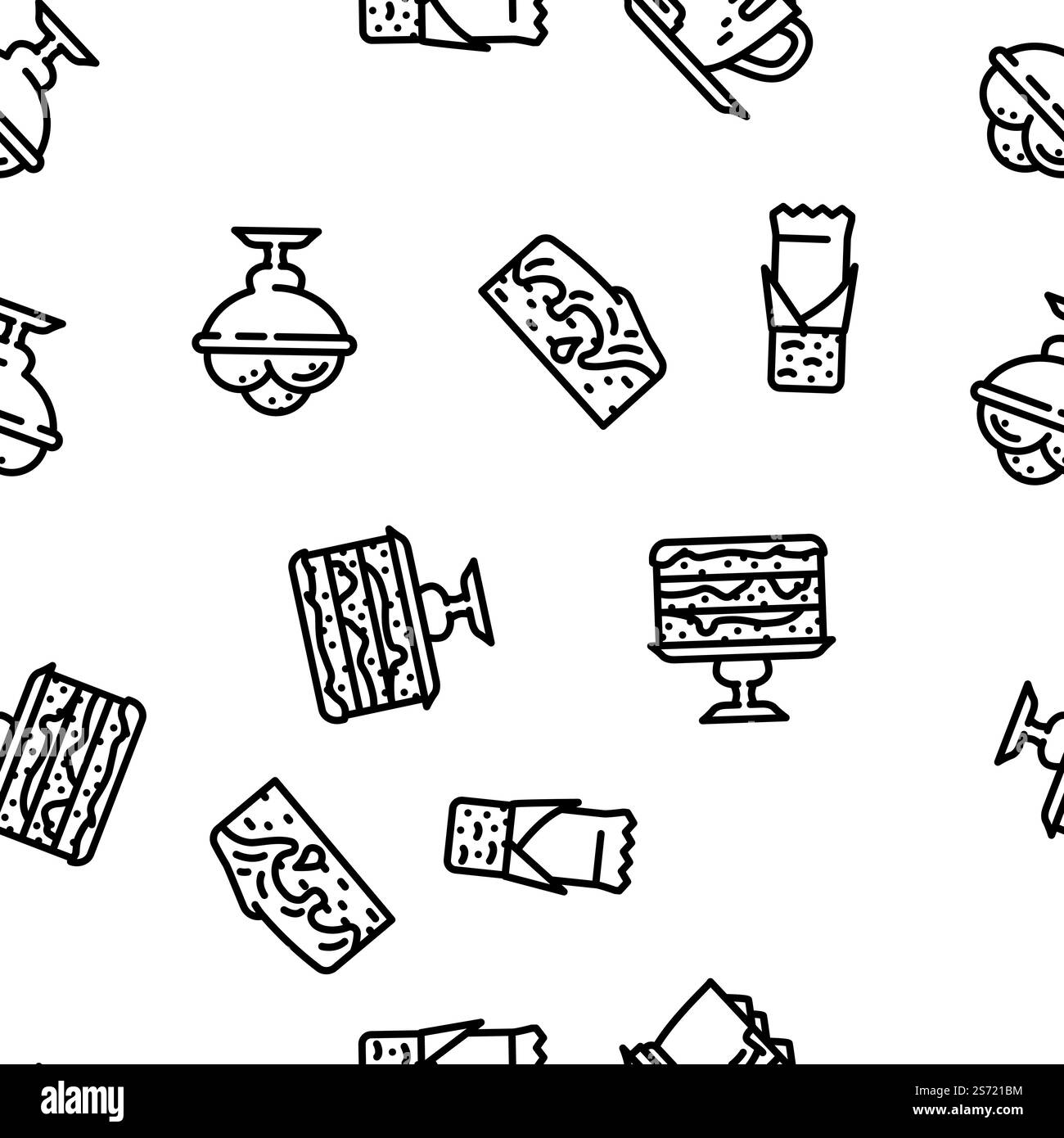 Schokolade Süßes Essen und Trinken Vektor nahtlose Muster dünne Linie Illustration. Schokolade süße Lebensmittel und Getränke Vektor nahtlose Muster Stock Vektor