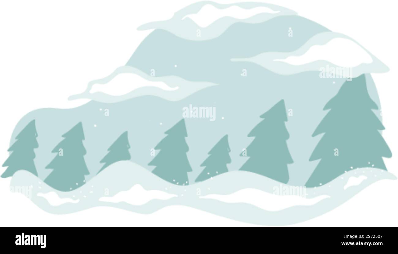 Windiges Wetter oder Schneesturm im Winterwald mit Kiefern. Landschaft oder Landschaft mit Natur und schlechten Bedingungen, Schneestürmen und massiven Wolken am Himmel. Winterzeit Frostsaison. Vektor in der Ebene. Winterwald mit Kiefern und schlechtem Wetter Stock Vektor