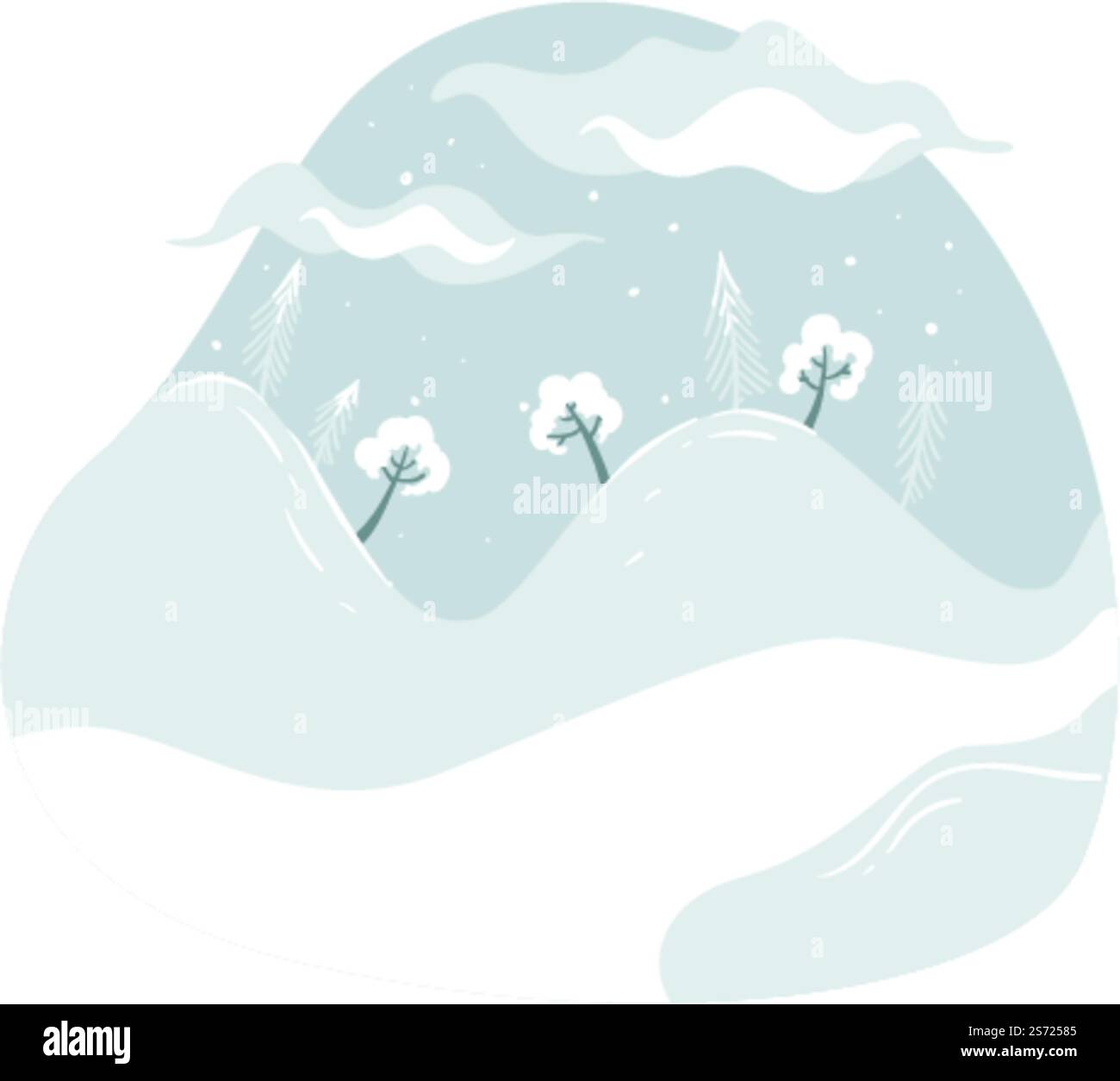 Landschaft mit Winterwald mit Kiefern und schneebedeckten Hügeln. Malerische Aussicht auf Berge, Hänge und Pflanzen, Schönheit im Freien auf dem Land oder auf dem Dorffeld. Vektor in abgewickelter Form. Schneebedecktes Wetter im Winterwald mit Kiefern Stock Vektor