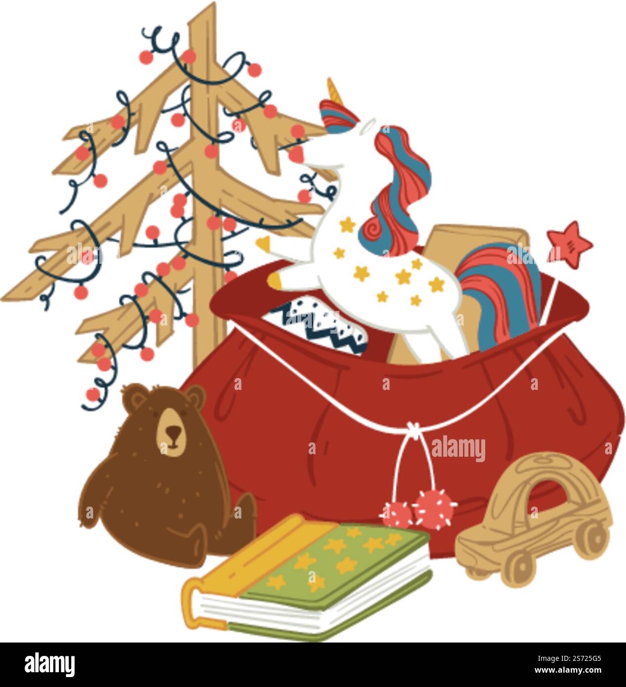 Weihnachts- und Neujahrsgeschenk für Kinder, isolierter minimalistischer Holzbaum mit Lichterketten. Tasche mit Einhornspielzeug, Plüschbär und Buch, Auto für Jungen und Mädchen. Vektor in abgewickelter Darstellung. Weihnachtsmann-Sack mit Spielzeug für Kinder für Weihnachten Stock Vektor