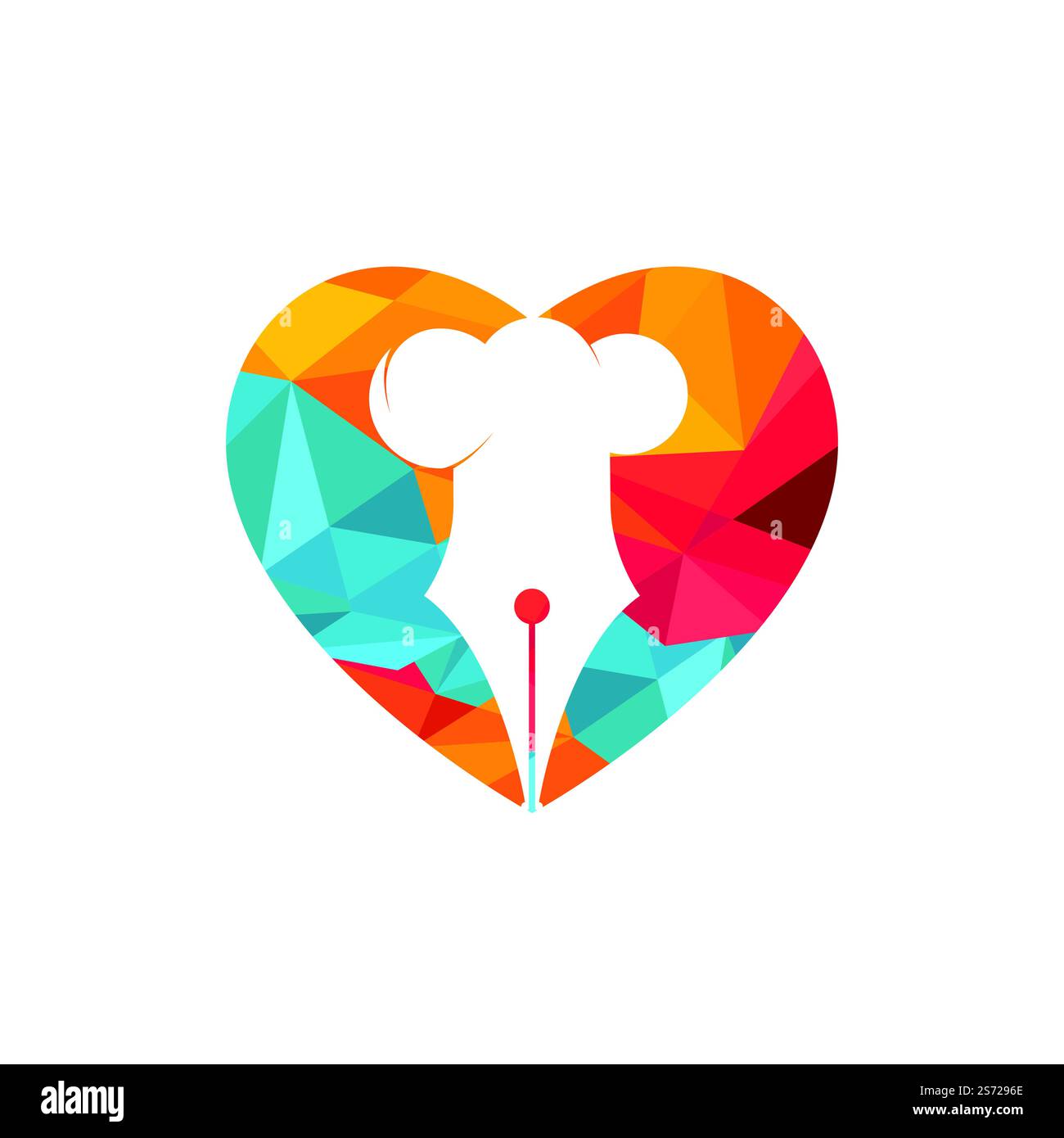 Design mit Vektorlogo für Food Writer. Kochmütze und Stift mit Herzsymbol-Logo. Stock Vektor