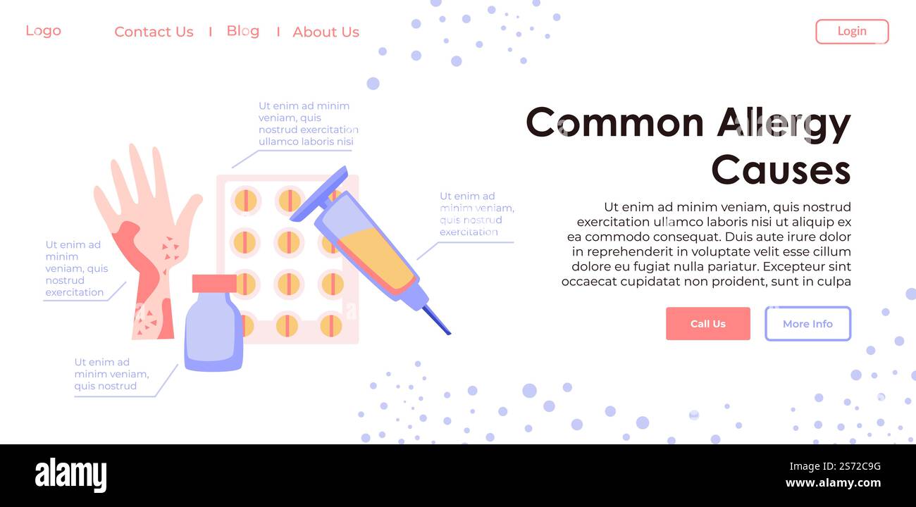 Häufige Allergieursachen und Symptome, Mahlzeit und Umgebung. Hautausschlag-Reaktion des Körpers auf Allergene. Gefahr für Gesundheit und Behandlung. Pillen und Spritzen mit Arzneimittelaufnahme. Vektor in abgewickelter Form. Online-medizinische Informationen über Allergiesymptome Stock Vektor