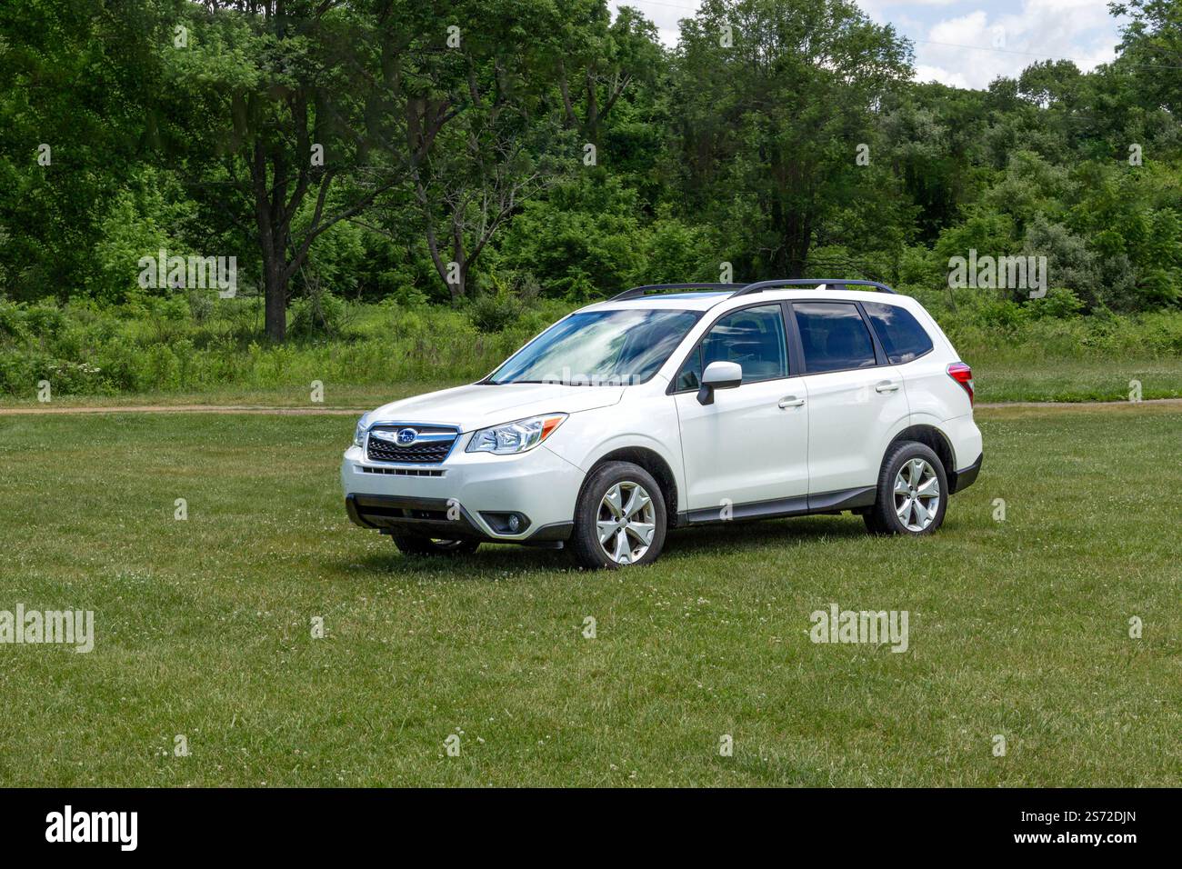Der weiße Subaru Forester parkt auf einem üppig grünen Feld, umgeben von einer ruhigen Waldlandschaft, die an einem hellen, sonnigen Tag festgehalten wird und sein Design zeigt. Stockfoto