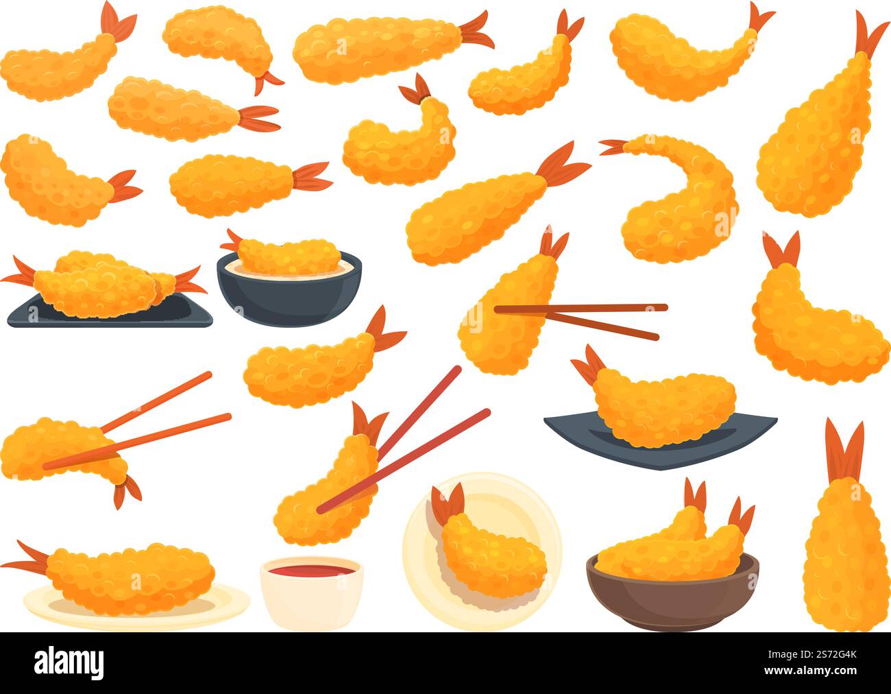 Tempura-Symbole setzen Cartoon-Vektor. Vorspeise Garnelen. Frittiert. Tempura-Symbole setzen Cartoon-Vektor. Vorspeise Garnelen Stock Vektor
