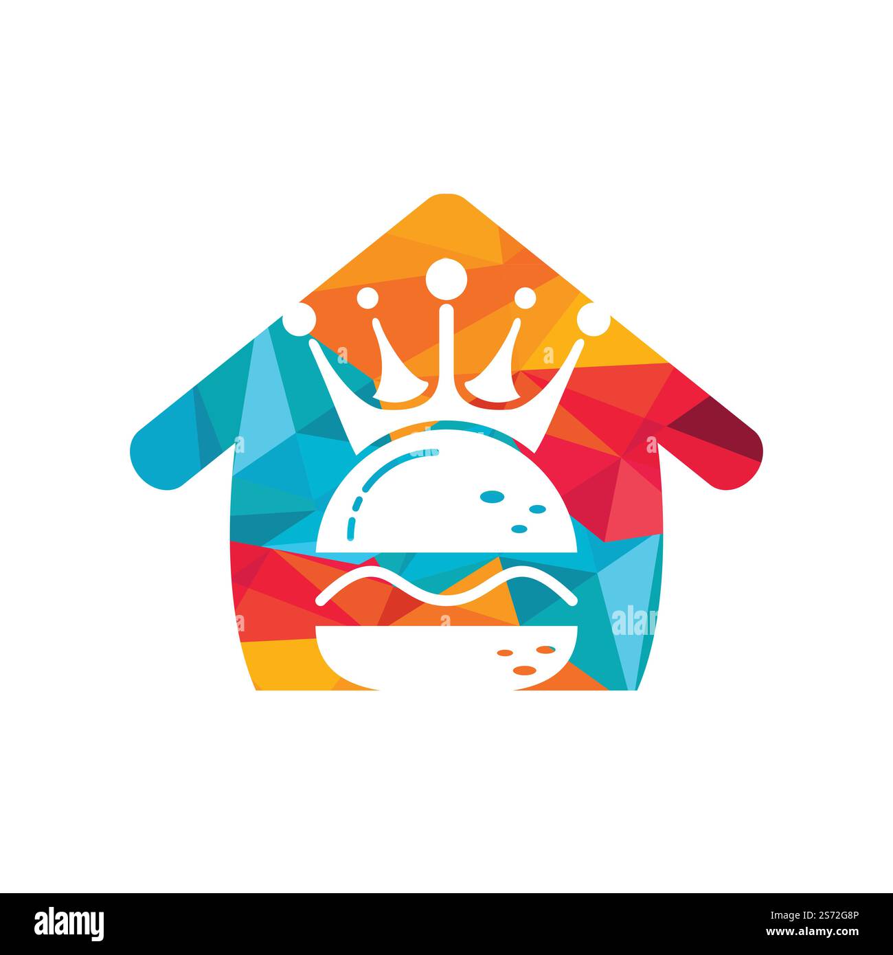 Burger King Vektor-Logo-Design. Burger mit Krone und Schnurrbart mit Logo in Heimform. Stock Vektor