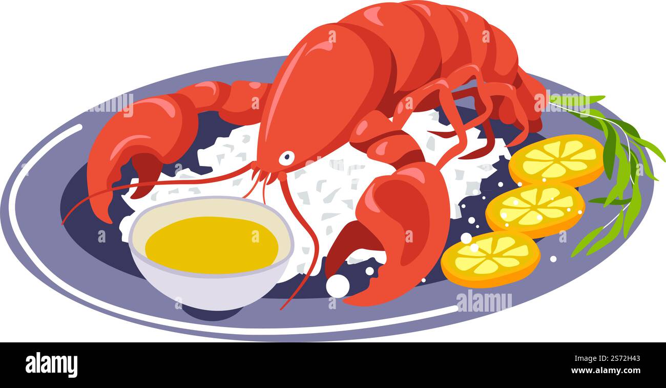 Meeresfrüchte-Gericht mit Zitronenscheiben und Petersilie oder Dill zur Erfrischung. Isolierter Teller mit Flusskrebsen und Soße. Hummer oder Krabben, Restaurant- oder Café-Essen. Asiatisches oder mediterranes Menü, Vektor. Gebackene Flusskrebse mit Zitronenscheiben, Fischgerichte Stock Vektor