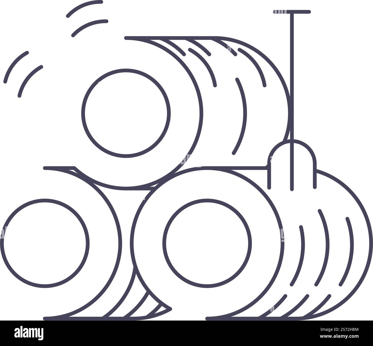 Landwirtschaft und Arbeit auf dem Bauernhof, Erntesaison und Landwirtschaft auf dem Land. Heuballen mit Heugabel, Rollen trockenem Gras, minimalistischer Zeichnung oder Symbol. Vektor in abgewickelter Form. Heuballen und Heugabel für die Landwirtschaft in ländlichen Betrieben Stock Vektor