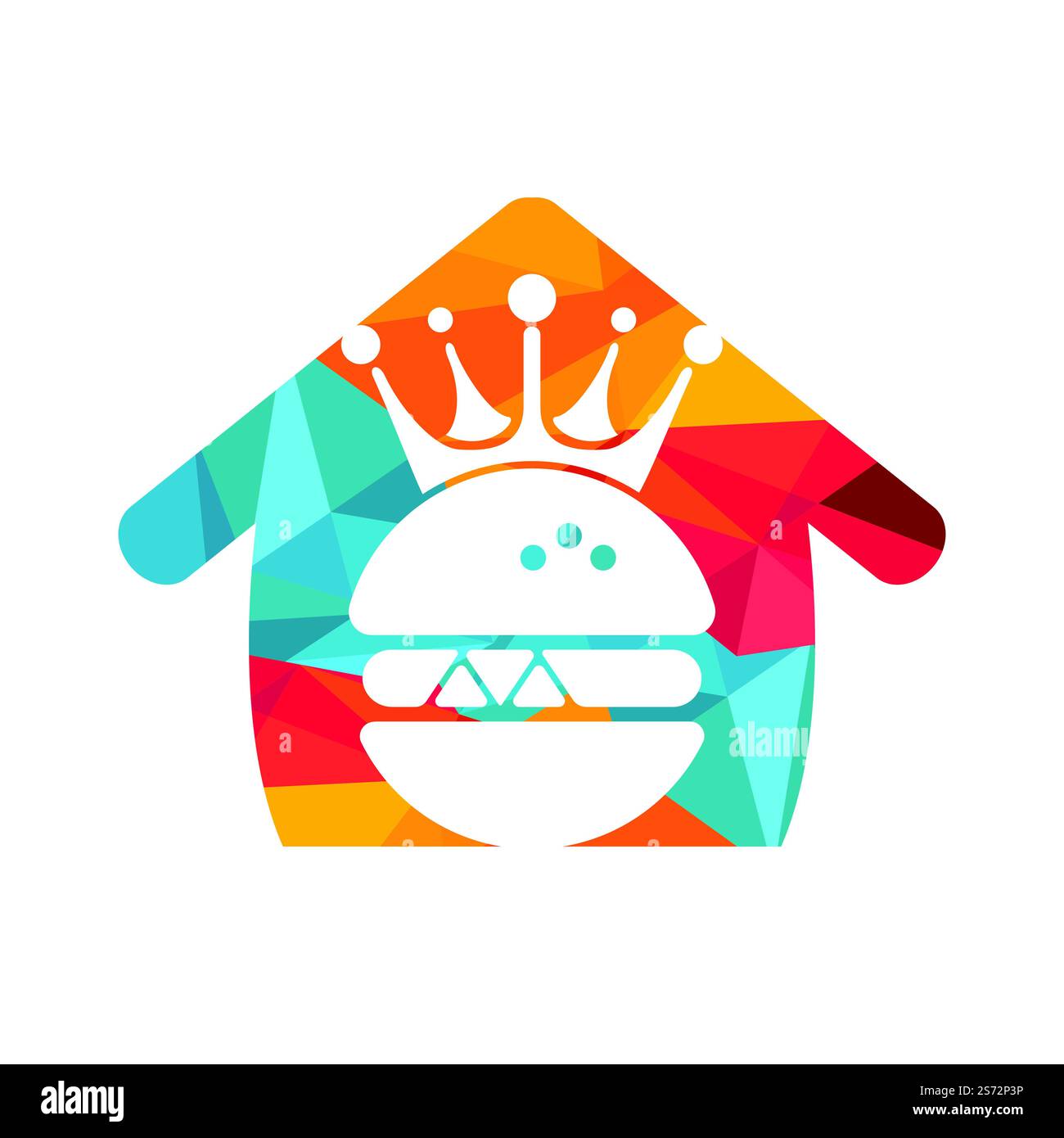 Burger King Vektor-Logo-Design. Burger mit Krone und Schnurrbart mit Logo in Heimform. Stock Vektor