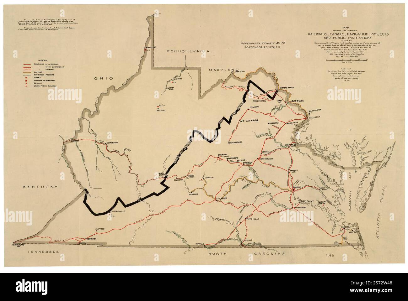 Karte, die den Standort von Eisenbahnen, Kanälen, Schifffahrtsprojekten und öffentlichen Einrichtungen zeigt, in die das Commonwealth of Virginia seit dem 1. Januar Geld investiert hatte. 1861 : wie von einer offiziellen Karte im Besitz der Virginia State Library nachverfolgt, berechtigte [sic] Eine Karte des Staates Virginia reduziert von der neun Blatt Karte des Staates in Übereinstimmung mit dem Gesetz von Herman Boye, 1828, korrigiert durch Befehl der Executive 1859 durch L.V. Buckholtz, zusammen mit der später zwischen Virginia und West Virginia errichteten Divisionslinie und zusätzlichen Erweiterungen von der Fertigstellung der Karte bis Stockfoto