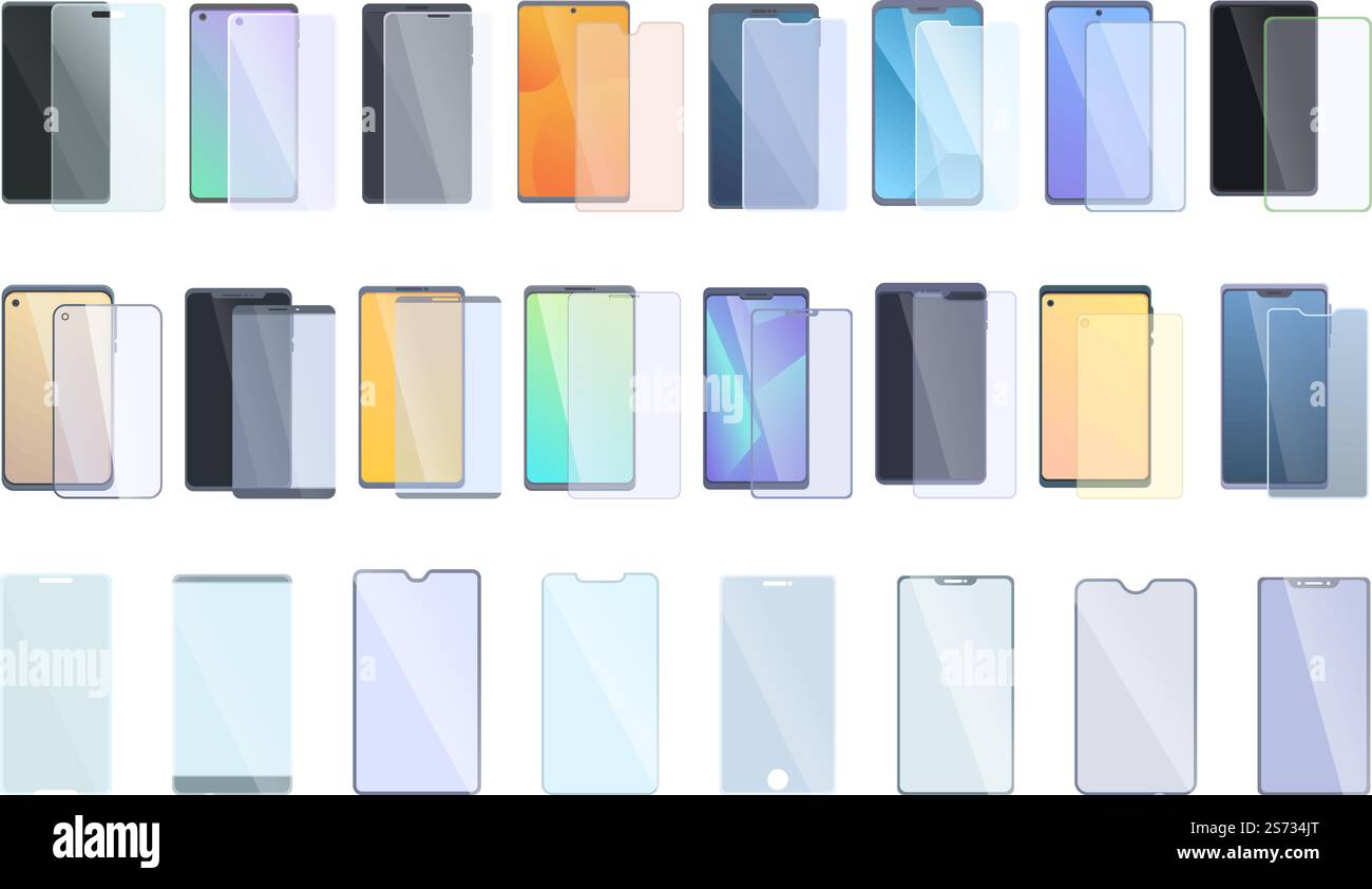Schutzglas für Smartphone-Symbole Set Cartoonvektor. Glasriss. Bildschirmspiegel. Schutzglas für Smartphone-Symbole Set Cartoonvektor. Glasriss Stock Vektor